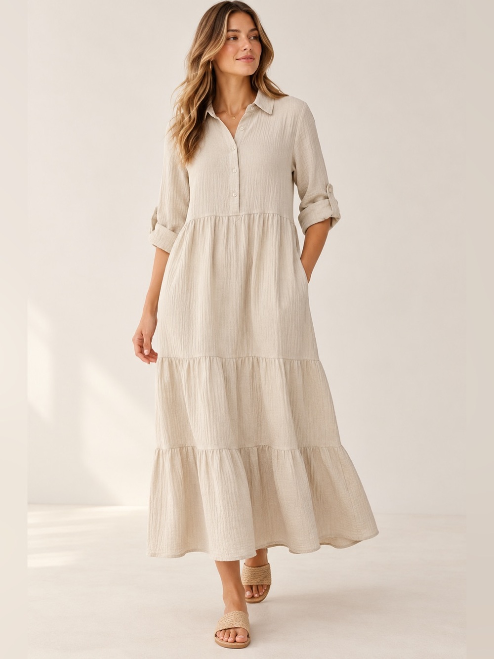 Max Studio Tiered Gauze Maxi Shirtdress Heather Oatmeal Large NWT